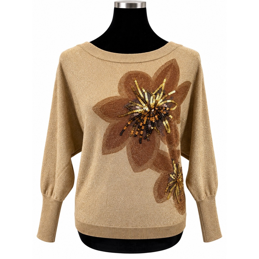INC International Concepts Womens M Gold Metallic Sequin Floral Dolman Sweater